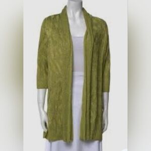 St. John Sweater, Size Petite, Chartreuse Green, Cable Knit Open Cardigan, EUC